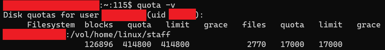 Image of the quota -v command being used to check quota on ieng6.