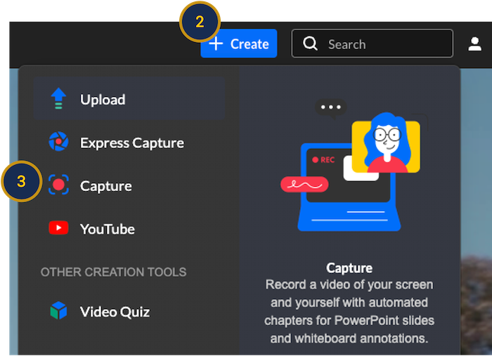 An annotated screenshot of the "Create" menu.