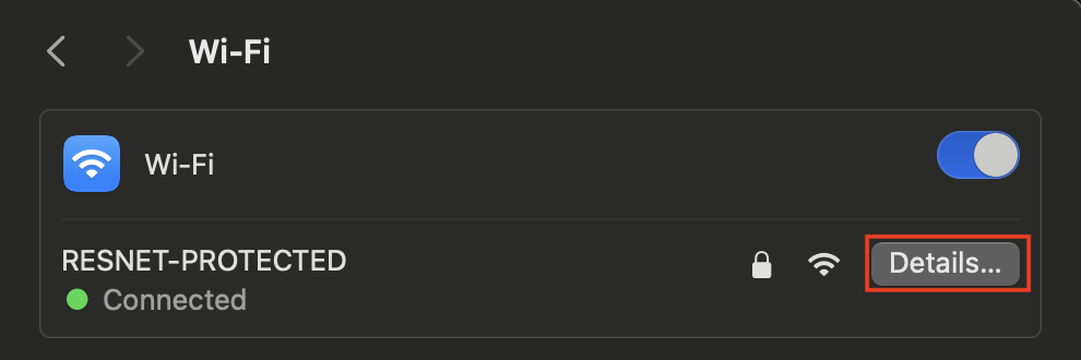 Screenshot: "Details" menu in the Wi-Fi window