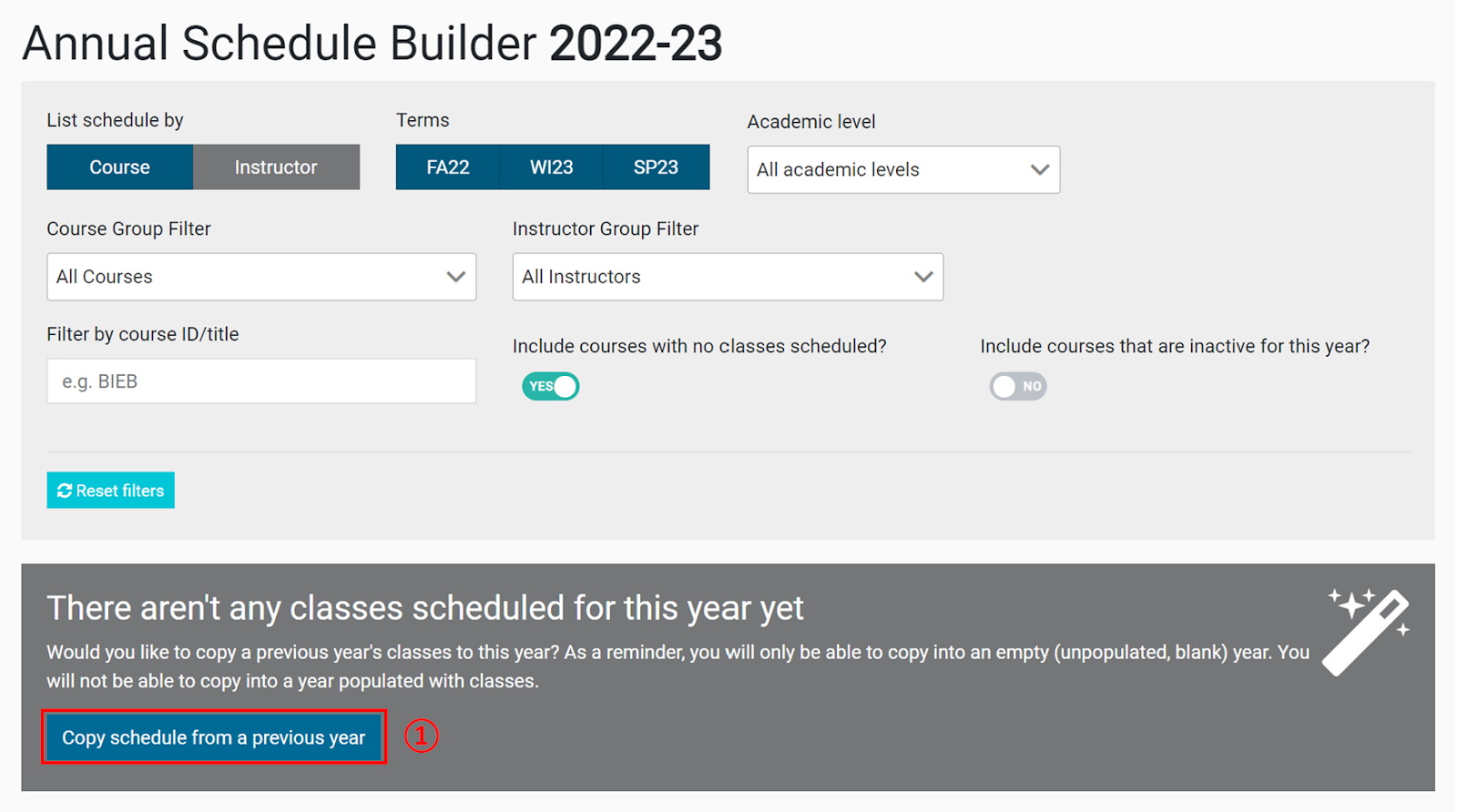 Screenshot: fields for annual schedule builder