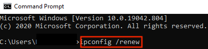 Screenshot: Windows command prompt with "ipconfig /renew" command