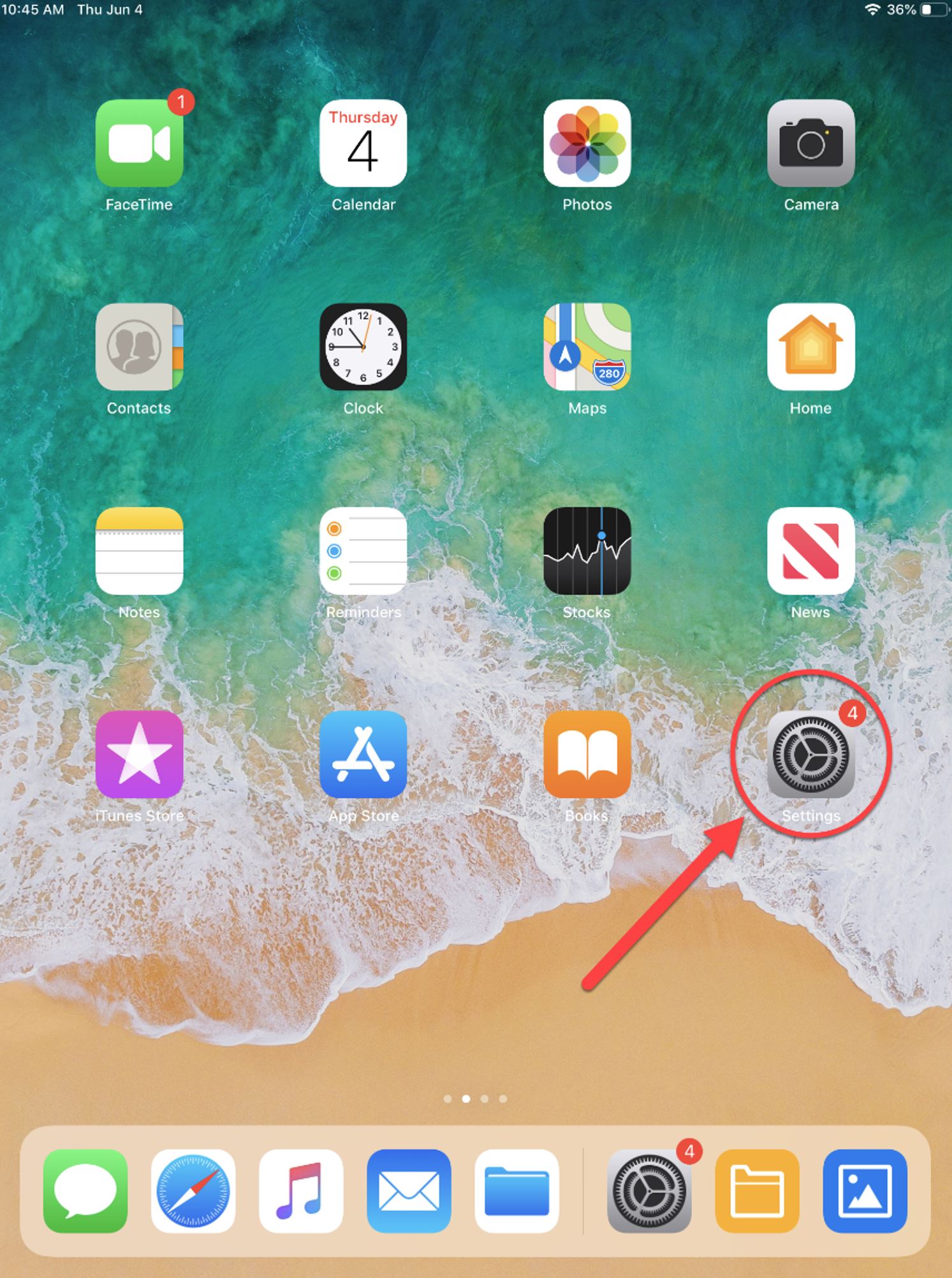 Settings icon circled on iPad homescreen