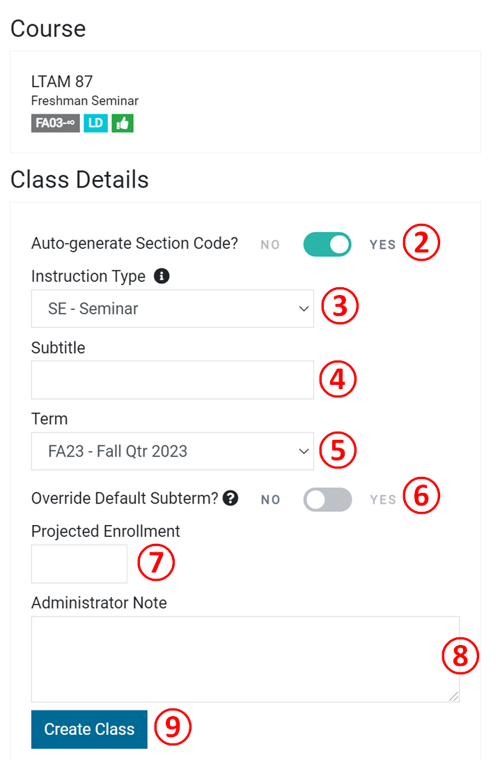 Screenshot: fields to edit course details