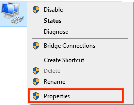 Screenshot: Right click on the adapter then click Properties at the bottom