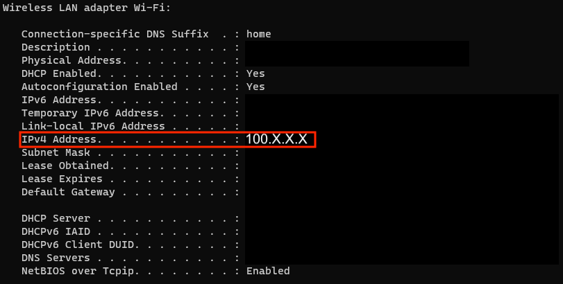 Screenshot: Location of where to see IPV4 address after running ipconfig command