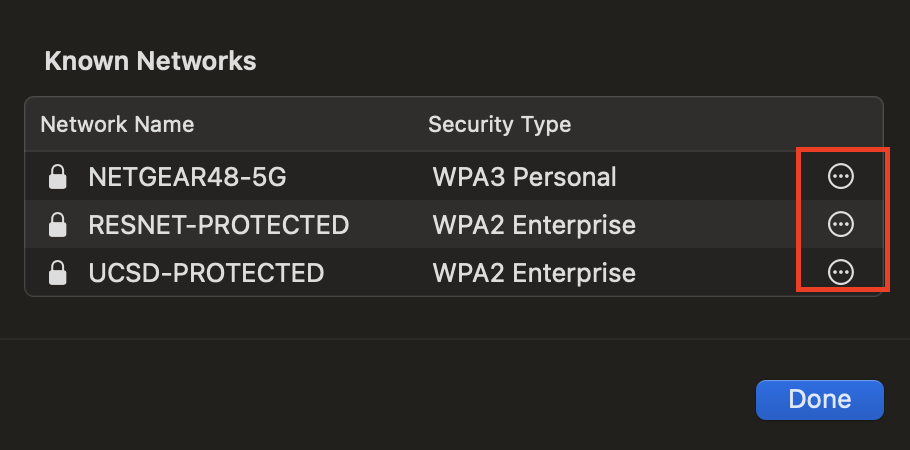 Screenshot: List of known networks in MacOS