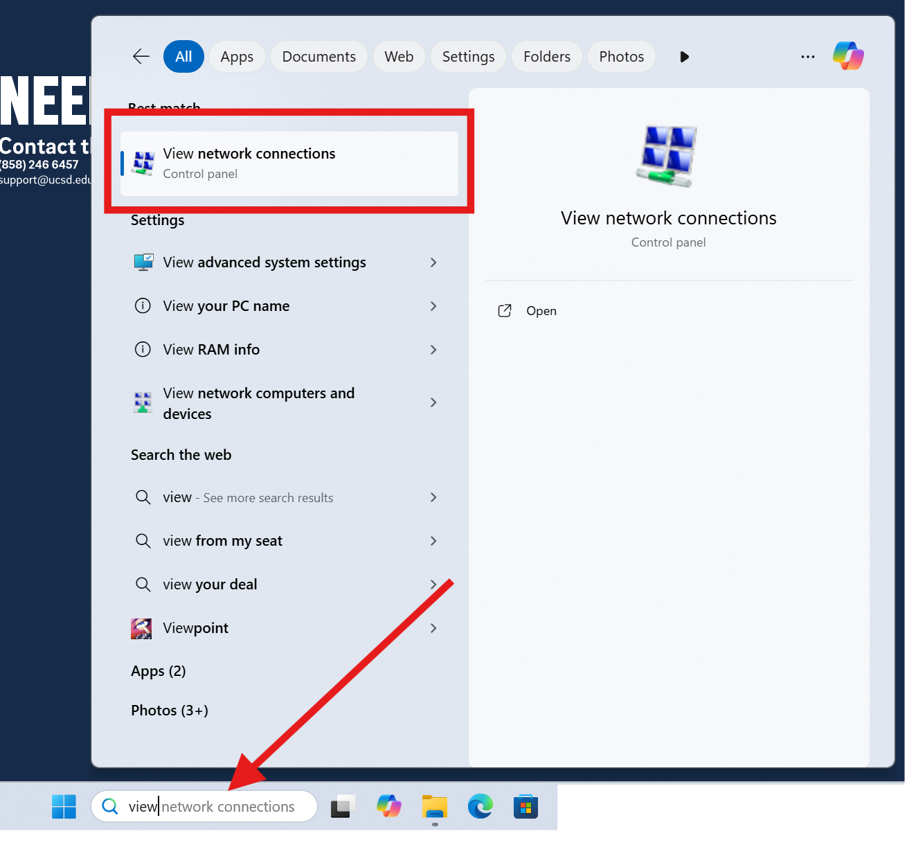 Arrow pointing at the Windows Search and "View network connections" is highlighted
