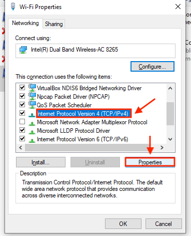 Screenshot: Click on IPV4 from the list, then click on Properties in the middle right