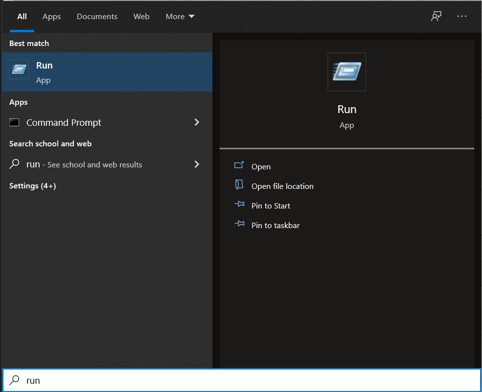 Select "Run" from the search results