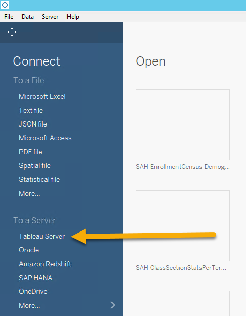 Screesnhot: Tableau Server option under "To a Server" on left hand side