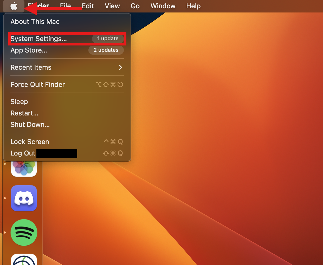 Arrow pointing at apple icon and the System Settings is highlighted
