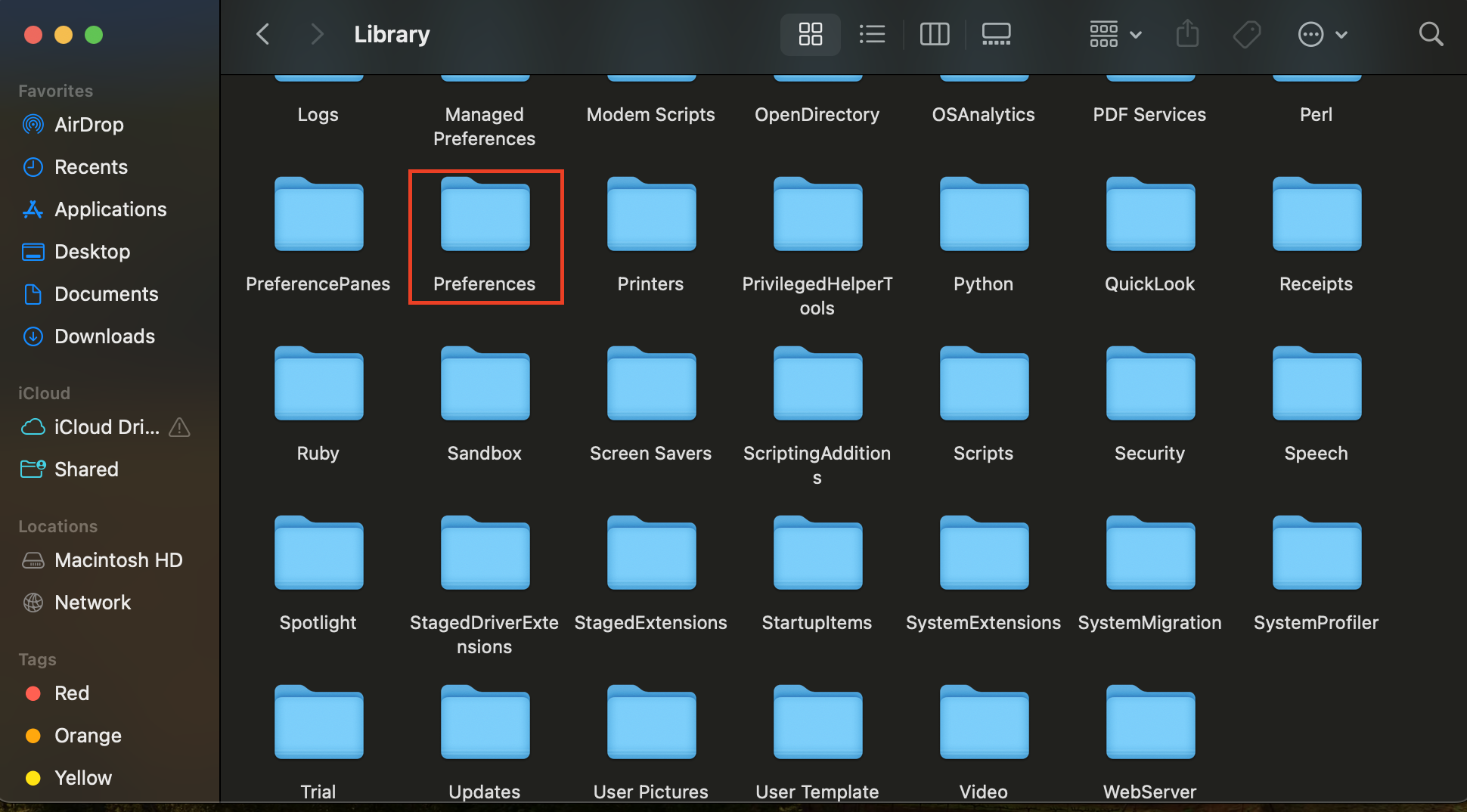 Screenshot: "Preferences" subfolder within "Library" folder