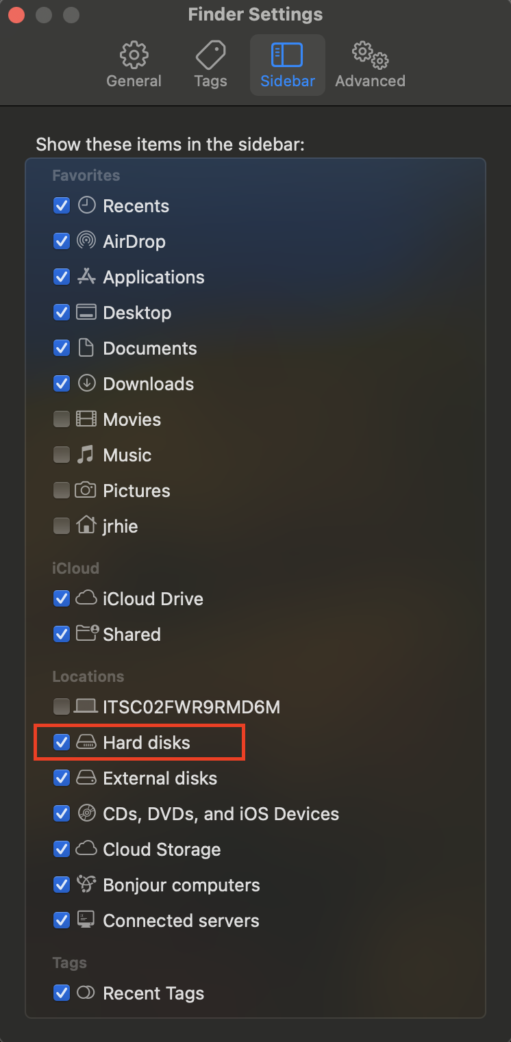 Screenshot: Finder settings 