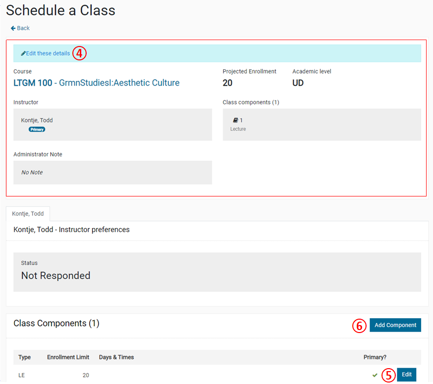 Screenshot: fields for scheduling a class