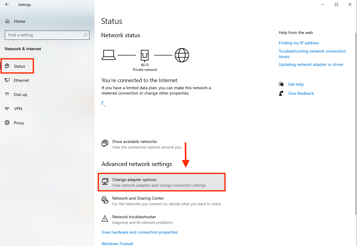 Screenshot: Under the status page, click on Change Adapter Options near the bottom
