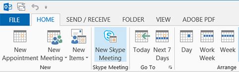 Scnreeshot: Outlook Calendar select New Skype Meeting option, listed on Home tab
