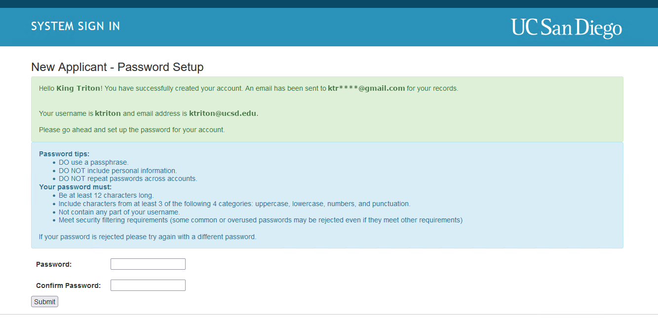 Screenshot: Page to input new password