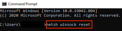 Screenshot: Windows command prompt with netsh winsock reset command