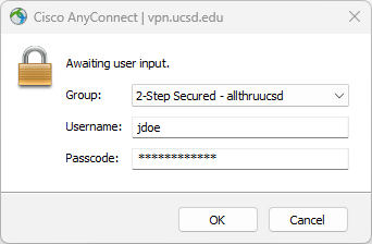 Choosing VPN group and entering AD credentials for the VPN