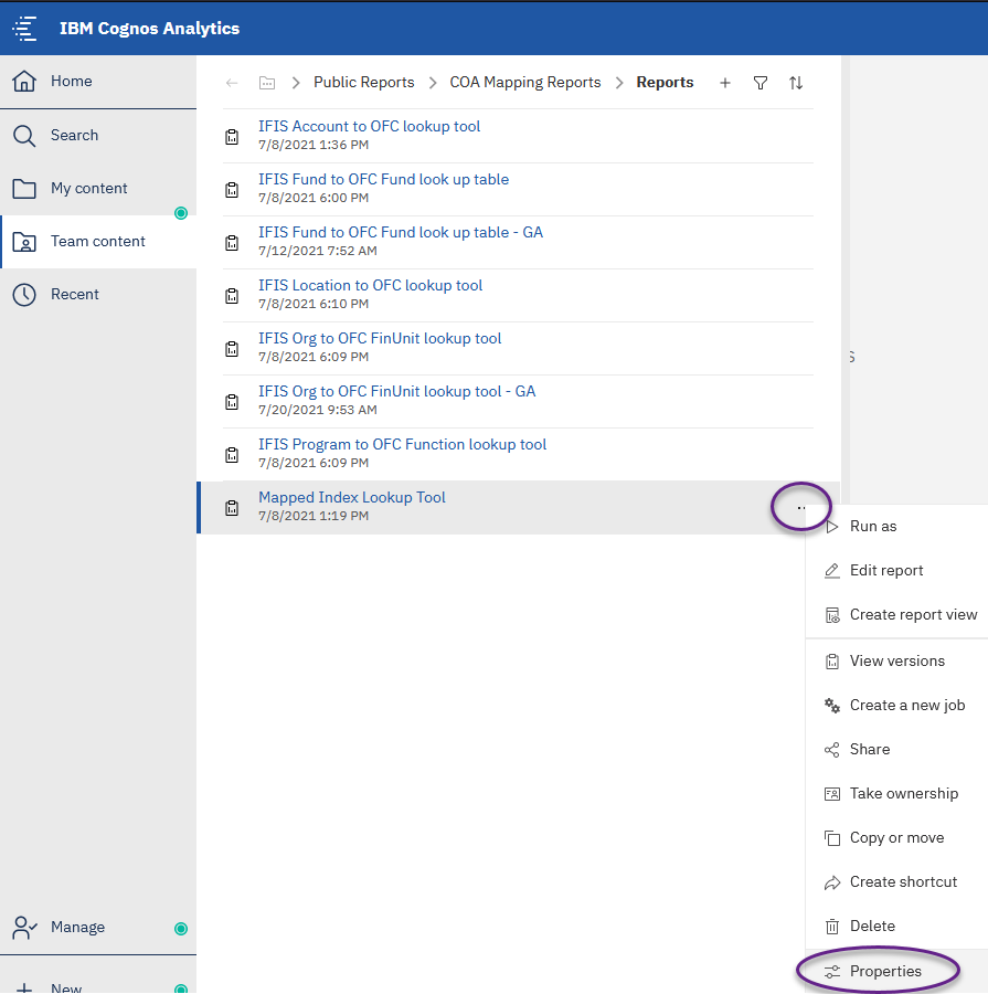 Screenshot: Where to find Properties menu on IBM Cognos Analytics