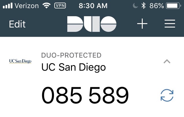 Screenshot: Duo Mobile app with UC San Diego account displayed.  Click to generate passcode.
