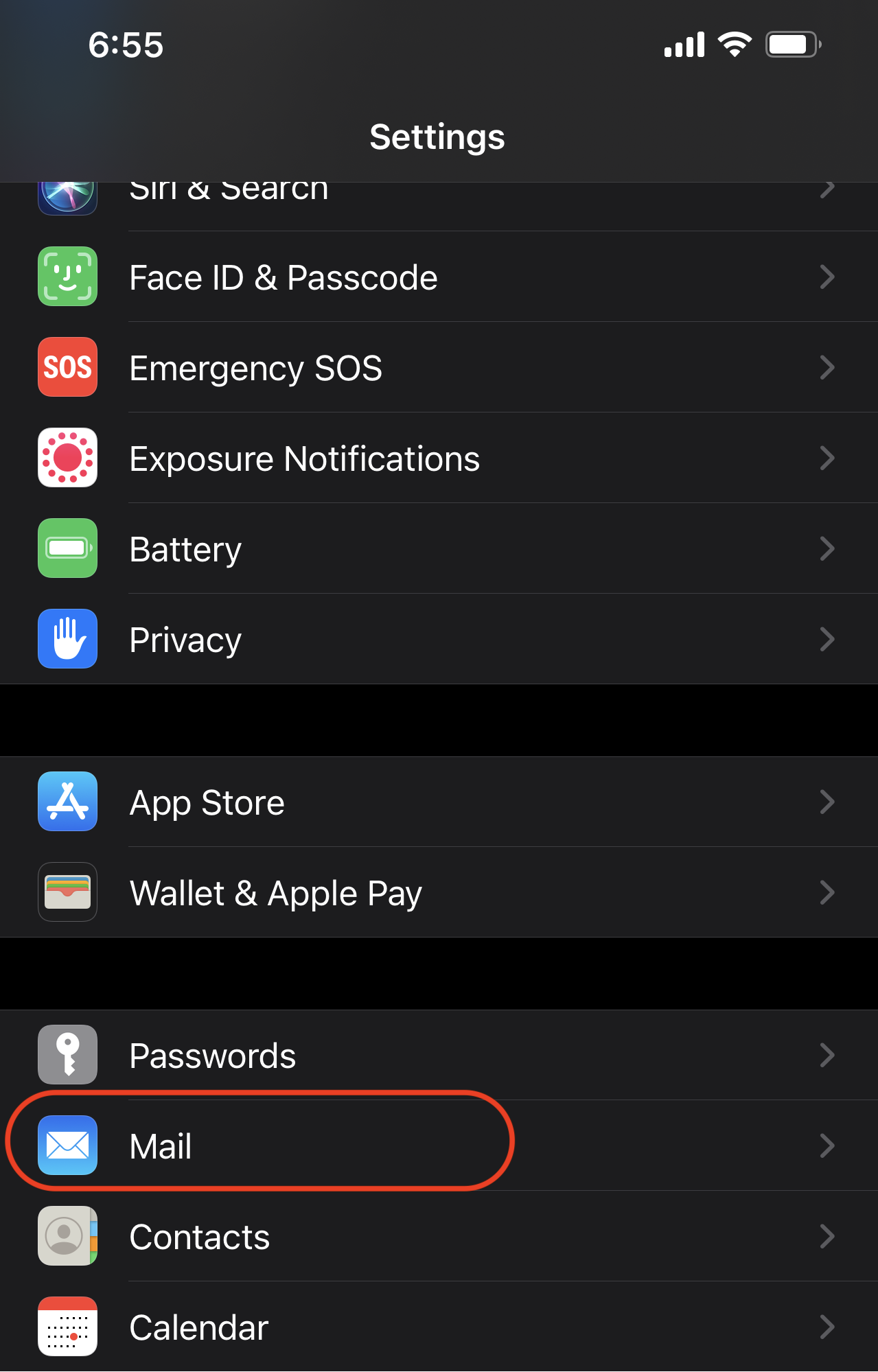 Screenshot: Mail within Settings menu
